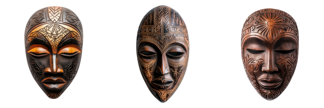 Decorative African Masks with Intricate Designs and Vibrant Colors Isolated on a Transparent Background