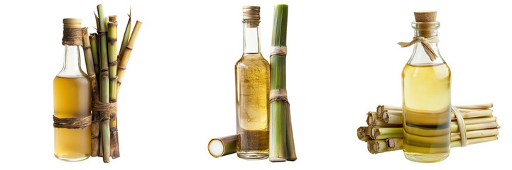 A traditional Brazilian cachaça bottle with sugarcane stalks isolated on a transparent background
