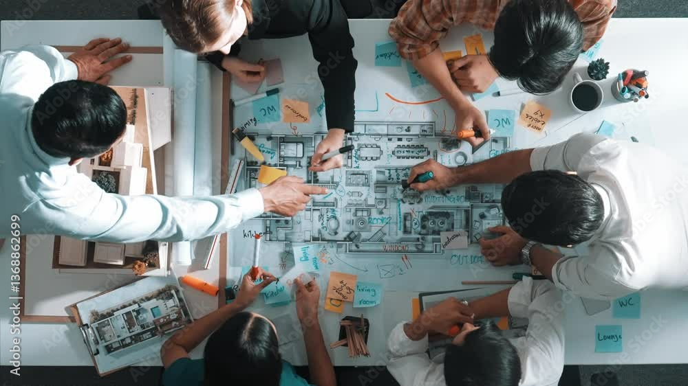 Aufkleber top view of smart manager clapping hands and putting hands together to celebrate project. aerial vie