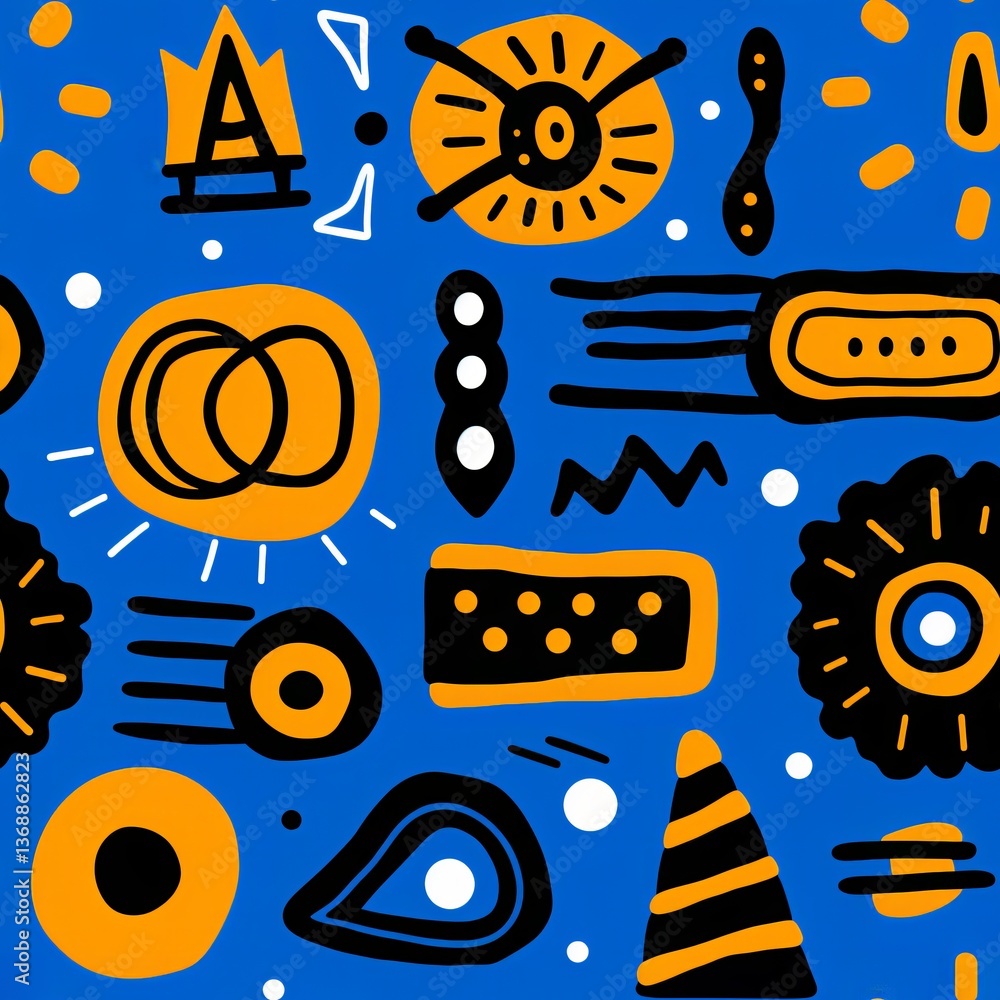 Poster abstract geometric shapes seamless pattern in blue and orange. funky retro style background for text