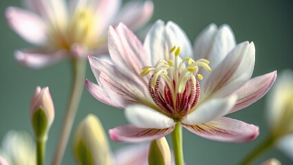 Fototapeta premium Delicate white and pink flower macro shot with yellow stamens and bud