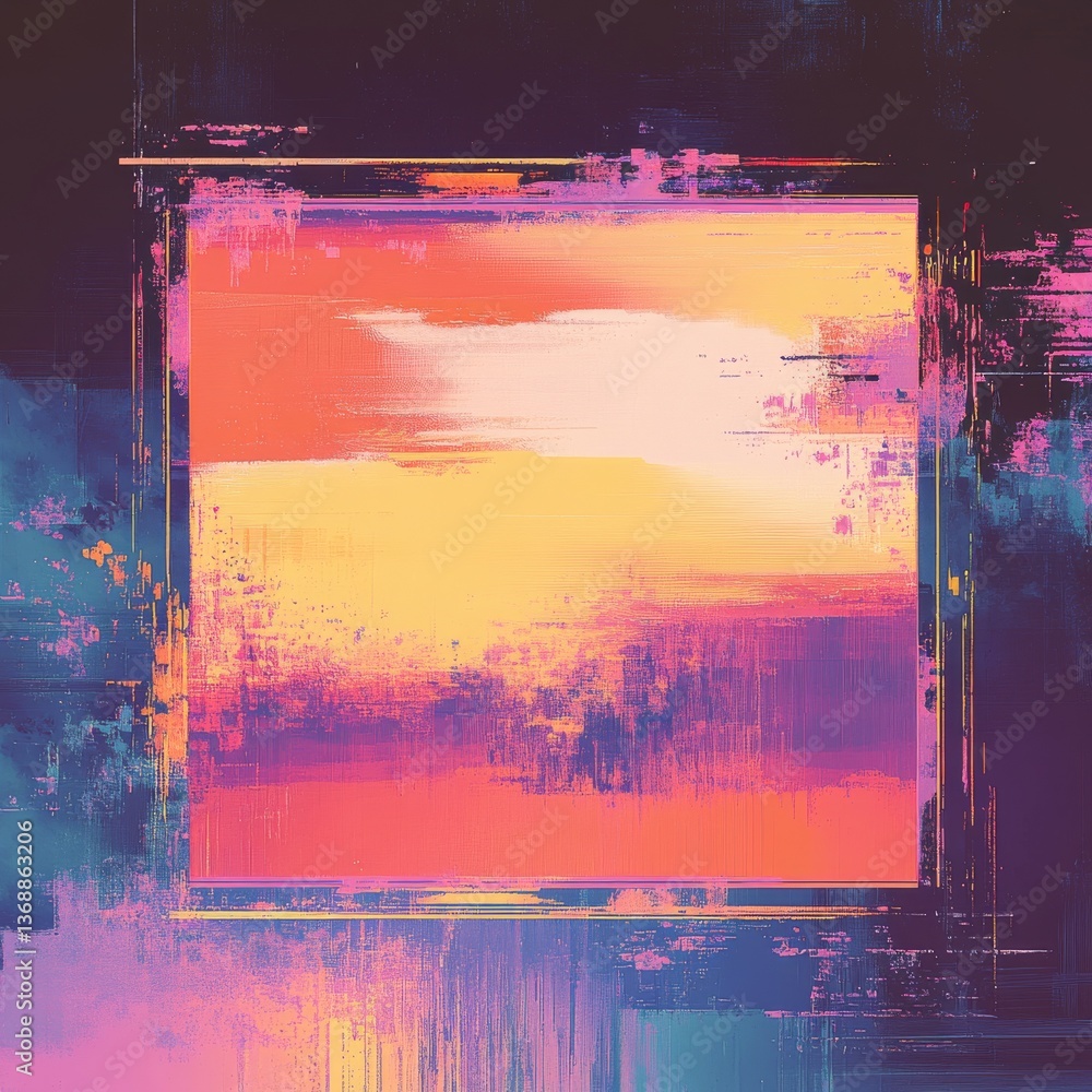 Aufkleber abstract expression: vibrant color field with geometric frame, digital glitch art inspired compositi