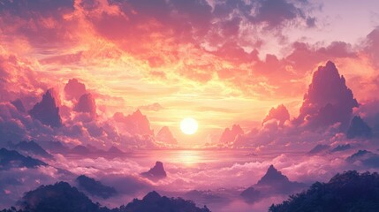 Fototapeta premium Sunset over a Sea of Clouds and Mountains: A Dreamlike Landscape