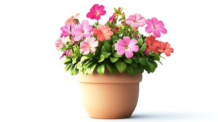 Fototapeta premium Colorful Pink and Red Petunia Flowers in a Clay Pot, Isolated on White Background.
