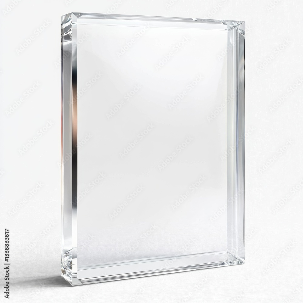 Fototapete clear crystal rectangular block on white backdrop: modern award or display piece with reflected ligh