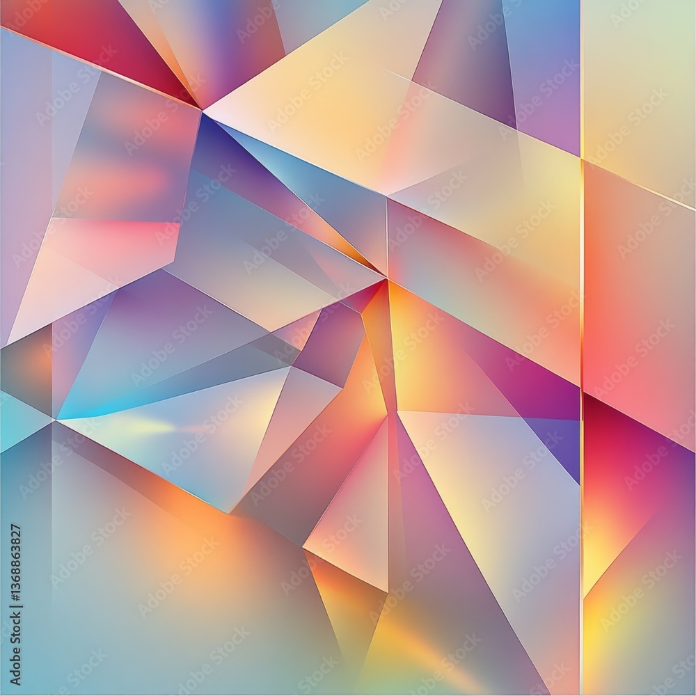 Poster colorful polygonal abstraction: a symphony of geometric shapes and soft gradients, creating a modern