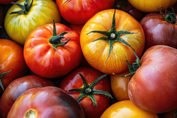 A colorful close-up showcases an assortment of ripe heirloom tomatoes, highlighting their vibrant colors and textures, perfect for culinary inspiration.