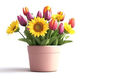 Potted Flower Arrangement with Tulips and Sunflowers Isolated on White Background.