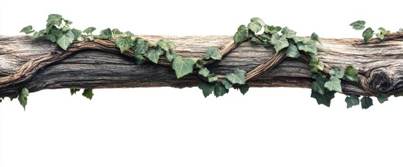 An elongated, twisted branch with ivy, isolated on a transparent backdrop