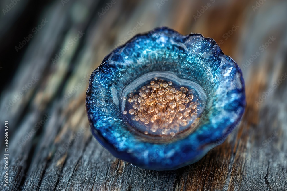 Poster a macro shot of a iridescent blue fungi-like structure filled with translucent golden orbs on weathe