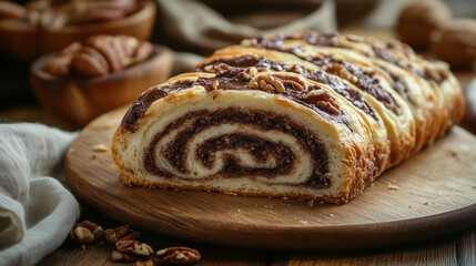 Cozonac with cocoa filling and pecans on rustic wooden board
