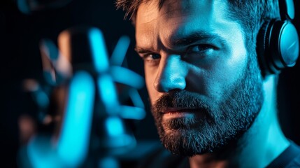 Close Up Portrait of Bearded Man Wearing Headphones with Blue Lighting in Dark Studio