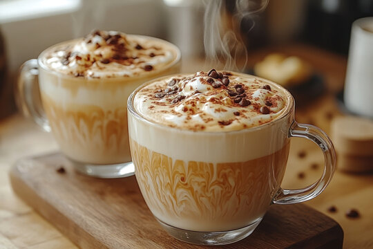 Two steaming mugs of hot chocolate are presented on a wooden cutting board, adorned with chocolate shavings and marshmallows.