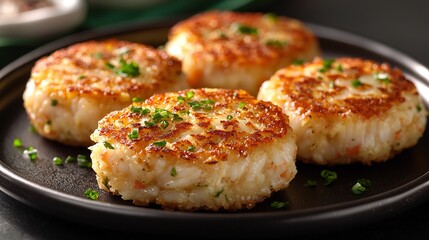 Delicious golden brown shrimp cakes freshly cooked and garnished with chives served on a dark plate A perfect appetizer or light meal