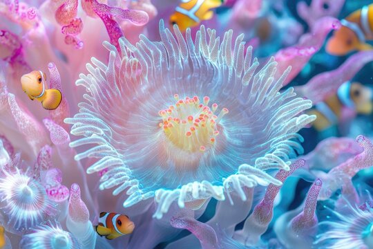 Vibrant clownfish swim amidst colorful anemones, creating a mesmerizing underwater scene with intricate details and soft, glowing hues.