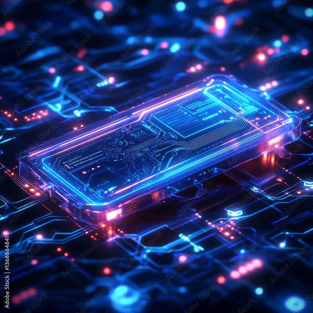Poster futuristic phone on glowing circuit board: high-tech connectivity and digital innovation