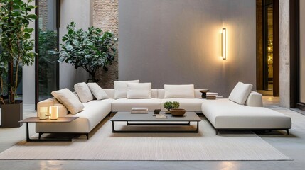 Minimal loft style living room, warm gray walls, soft milk white sofa, metal coffee table, built in LED lights, pastel rug, minimalist greenery