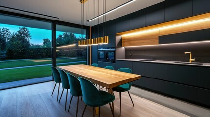 Minimal modern kitchen, black cabinets, turquoise bar chairs, wooden dining table, integrated lighting, brass pendant lights, nighttime park view