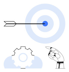 Robotic hand directs attention to bullseye with arrow and gear element representing goal achievement, automation, and strategy. Ideal for technology, innovation, teamwork, data accuracy, robotics