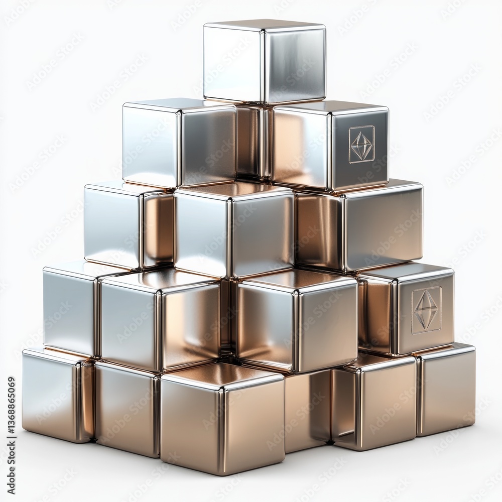 Poster metallic cubes pyramid display with intricate design & reflective surfaces, abstract geometric sculp