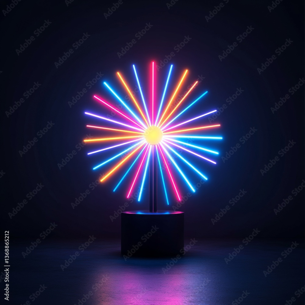 Poster radiant neon starburst lamp: a luminous display of colorful light beams emanating from a central glo