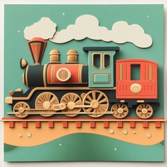 Retro Toy Train Art: Playful Illustration of a Classic Locomotive on a Whimsical Track with Clouds and Stars