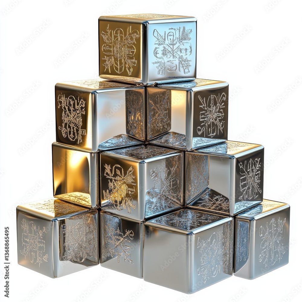 Poster stacked chrome cubes with intricate engravings: a modern artistic sculpture on a clean, white backgr
