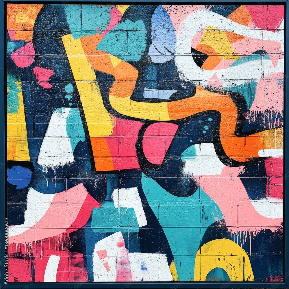 Poster Urban Canvas: Vibrant Graffiti Art on Brick Wall, Abstract Expression of Colors and Forms in Street Style.