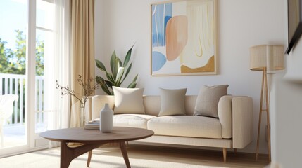 Scandinavian pastel living room, soft beige sofa, abstract art in muted tones, wool rug, linen curtains, diffused daylight