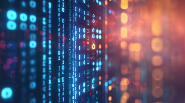 Abstract binary code matrix glowing. Futuristic digital data stream display.