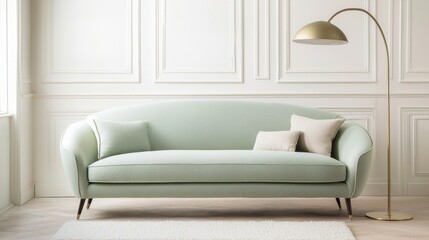 Scandinavian contemporary interior with sage green sofa, curved floor lamp, light wool rug, soft wall lighting, pastel toned decor, evening setting
