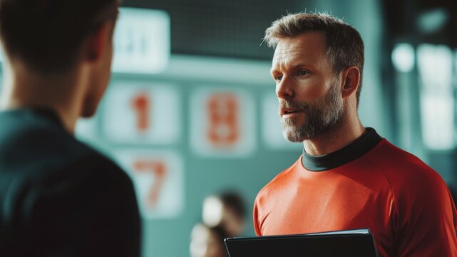 Coach in Red Shirt Holding Clipboard Explaining Strategy to Athlete in Gym - Powered by Adobe