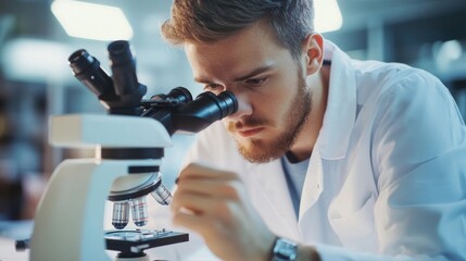 Naklejka premium Concentrated Scientist in White Coat Examining Sample with Microscope in Lab
