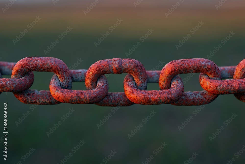 Poster close-up of a rusty chain with an out-of-focus background, showing the texture and age of the metal.