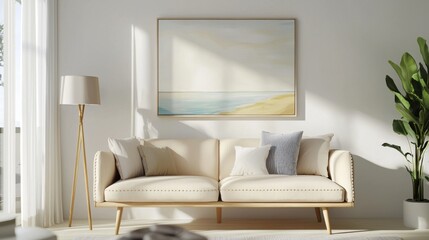 Soft Scandinavian interior, beige stitched edge sofa, quilted cushions, oil painting with seaside view, calm shadows