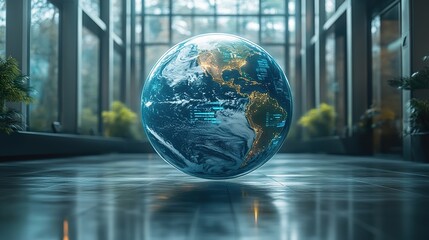 A digital twin of Earth, showing real-time sustainability data, including carbon reduction progress, green tech investments, and AI-driven climate solutions, floating in an