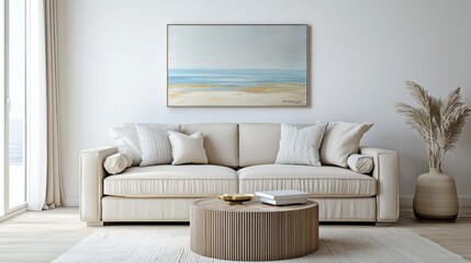 Soft Scandinavian interior, beige stitched edge sofa, quilted cushions, oil painting with seaside view, calm shadows