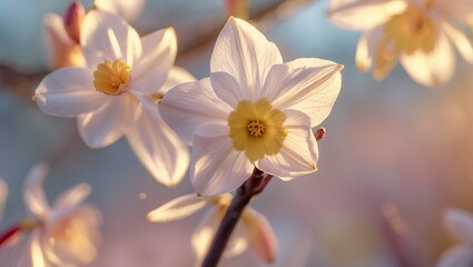 Fototapeta premium Delicate white daffodils with golden centers bloom. Soft, diffused light