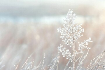 Obraz premium Delicate frozen plant glistening in the sunlight, capturing winter's beauty with elegant icicles on a soft, blurred background.