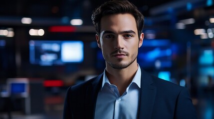 Confident Brunette Man in Dark Suit Posing in a News Studio for Professional Portrait