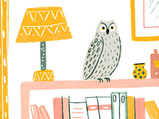 A hand-drawn owl perched on a vintage bookshelf, with feather textures rendered in stippling and warm sepia transparent png