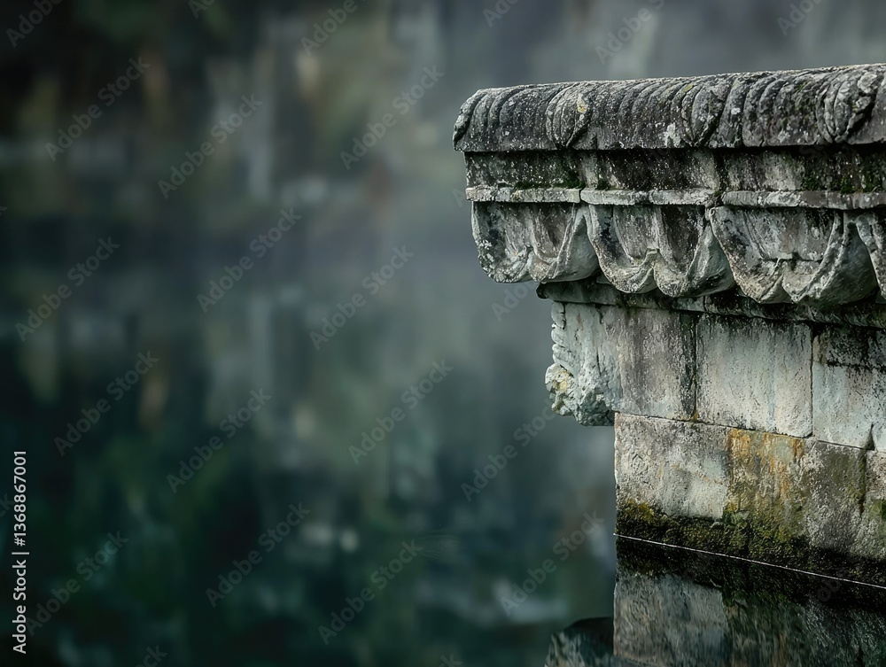 Poster old stone structure with intricate details overlooks dark, reflective water, creating a moody and se