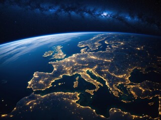 Obraz premium Earth from space at night, city lights illuminate Europe under the Milky Way