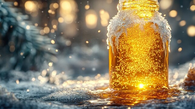 A glass bottle covered in frost, containing a shimmering golden elixir that moves like slow-flowing honey.