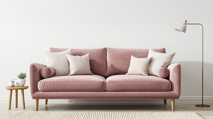 Warm contemporary space, dusty rose velvet sofa, indirect ceiling light, pastel toned cushions, soft rug, neutral evening light