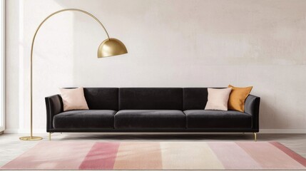 Warm Scandinavian lounge with charcoal velvet sofa, brass arc floor lamp, textured pastel rug, low warm lighting, minimalist ambiance