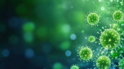 Fototapeta premium Glowing bacteria and viral particles floating in the air in a vibrant blue and green color palette for a medical concept. virus, flu, coronavirus, cold, bacteria