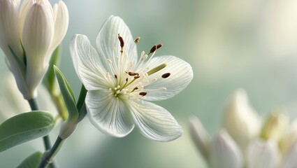 Fototapeta premium Delicate white flower blooms, close-up with soft focus background