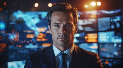 Fototapeta premium Confident Man in Suit Stands Before Global Data Display Screens