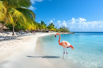 Pink flamingo standing in the turquoise water of a tropical beach
